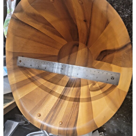 Luxury Nambe Acacia Wood Large Salad Serving Bowl Fork & Spoon Silver Accents - Picture 14 of 16